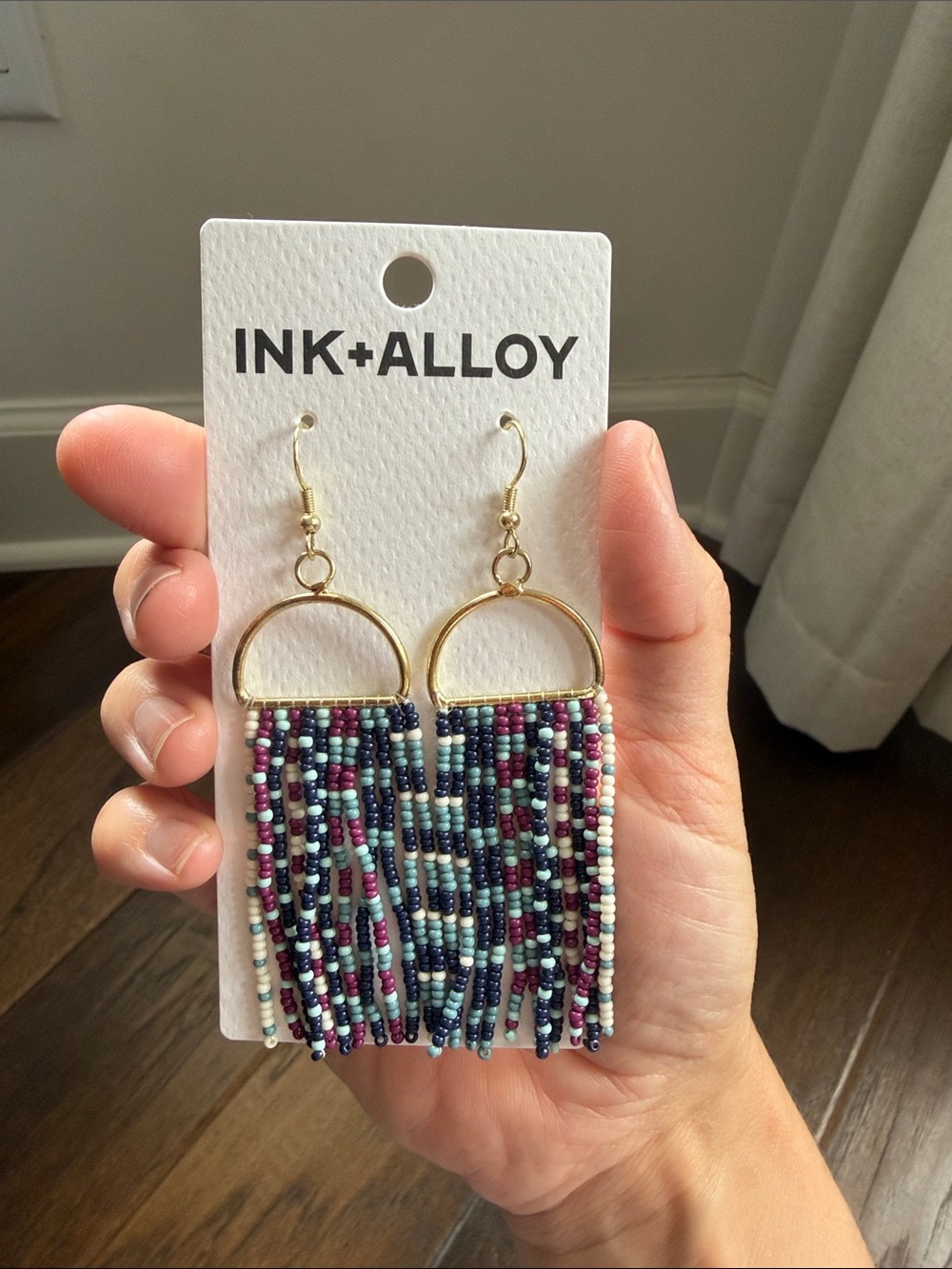 INK+ALLOY Gold Fringe Dangle Earrings in Blue, Purple & White